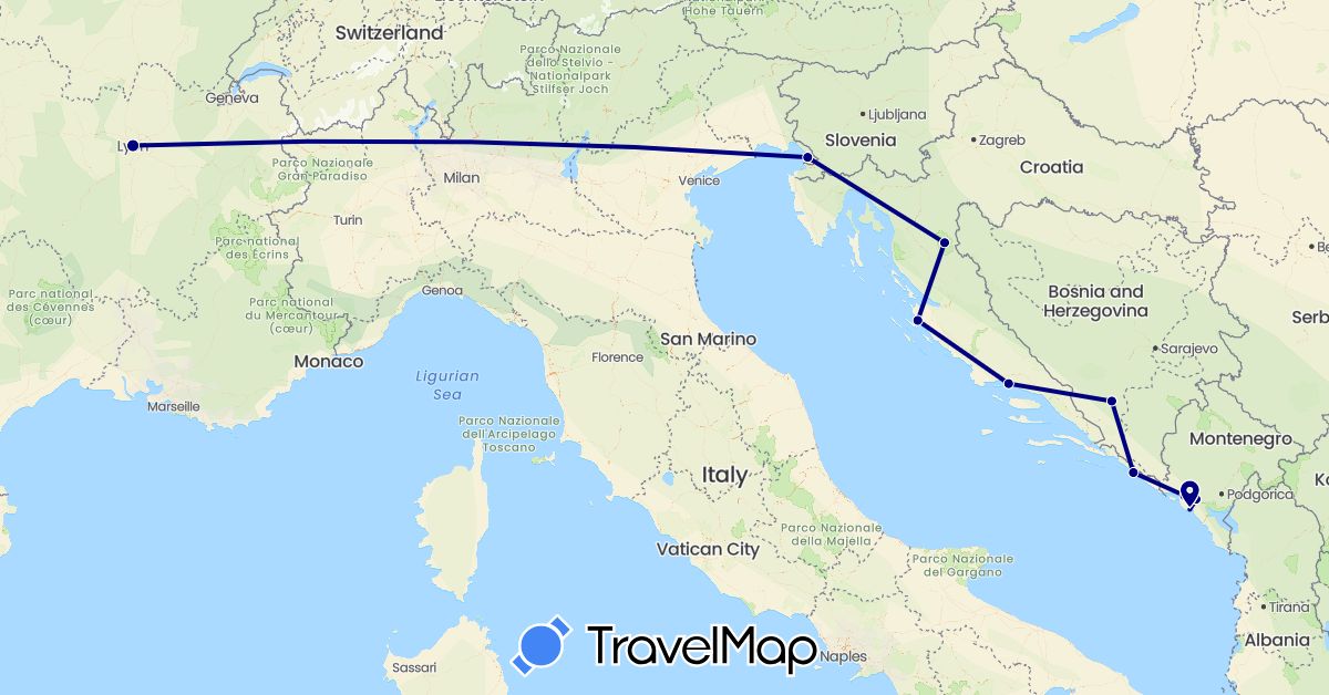 TravelMap itinerary: driving in Bosnia and Herzegovina, France, Croatia, Italy, Montenegro (Europe)